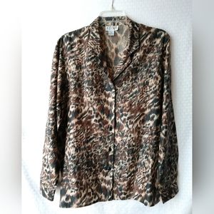Vintage Stunt Silk Blouse Shirt Animal Print Brown Black Size Medium